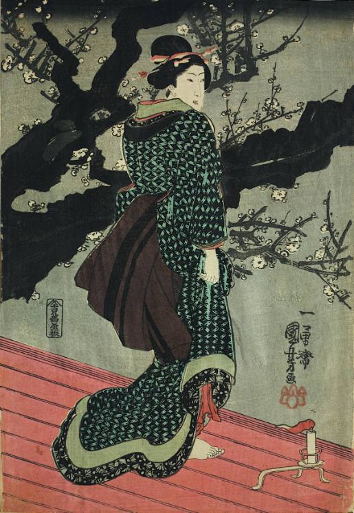 Woman, at night under a flourishing plum tree