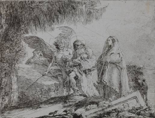 Joseph is carrying the Child flanked by Maria and an Angel