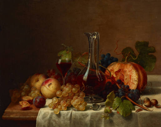Still life with Fruit, Glass Jug and Pumpkin