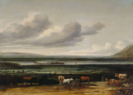 Anthonie van Borssom, Niederrheinlandschaft bei Kleve mit Festung Schenkenschanz, Hoch- und Nie…