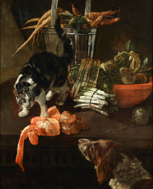 Kitchen Still Life with Dog and Cat