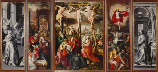 Winged Altarpiece: Crucifixion of Christ; Birth of Christ; Resurrection of Christ; Wings: Angel of the Annunciation, Annunciation to Mary