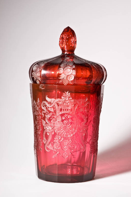 Gold ruby glass covered beaker with emblems of the four seasons