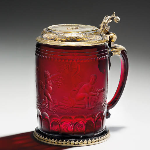Gold ruby glass tankard with personifications of the four seasons