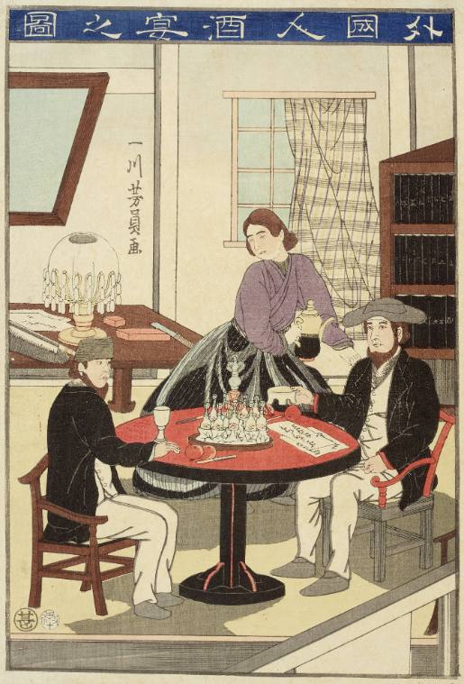 Foreigners in a Trade Office drinking Sake