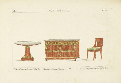 Table d'Acajou à dessus de Marbre. Commode d'Acajou: Garnitures en Bronze doré. Chaise d'Acajou, Couverte d'Etoffe de Crin.