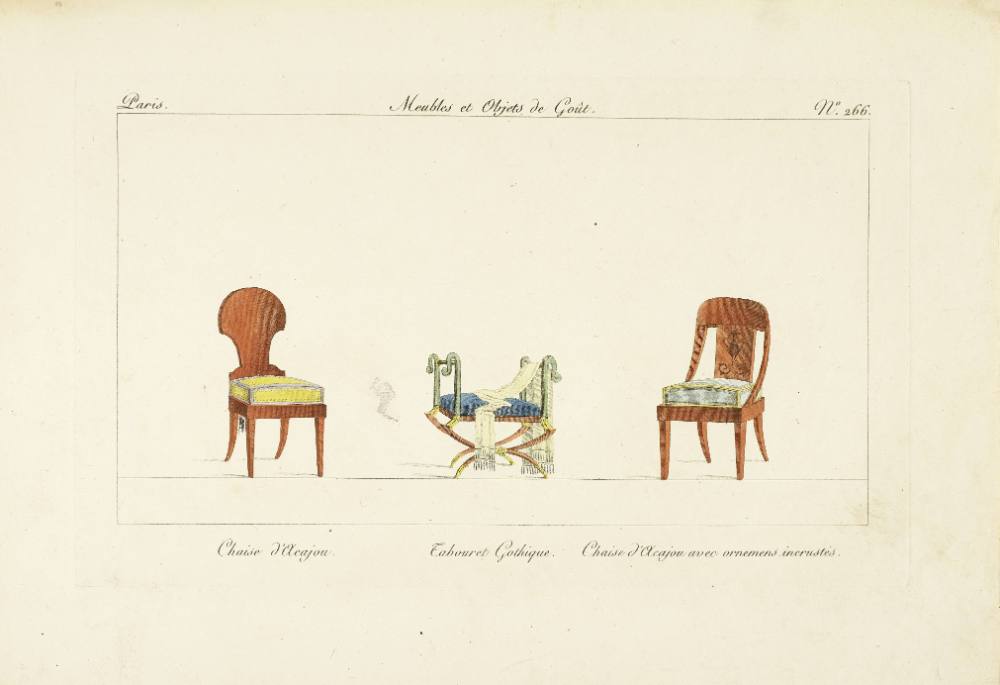 Chaise d'Acajou. Tabouret Gothique. Chaise d'Acajou avec ornements incrustés.