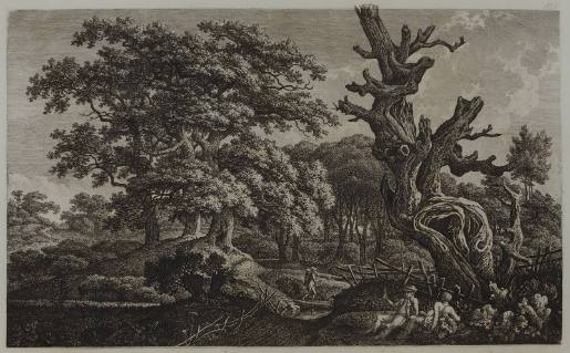 Fantastic dead tree in hilly oak landscape with resting men