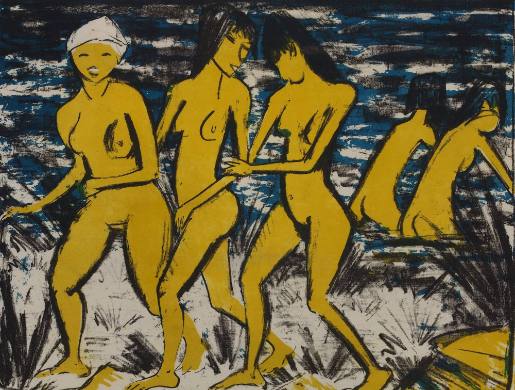 Five yellow Nudes by the Waterside