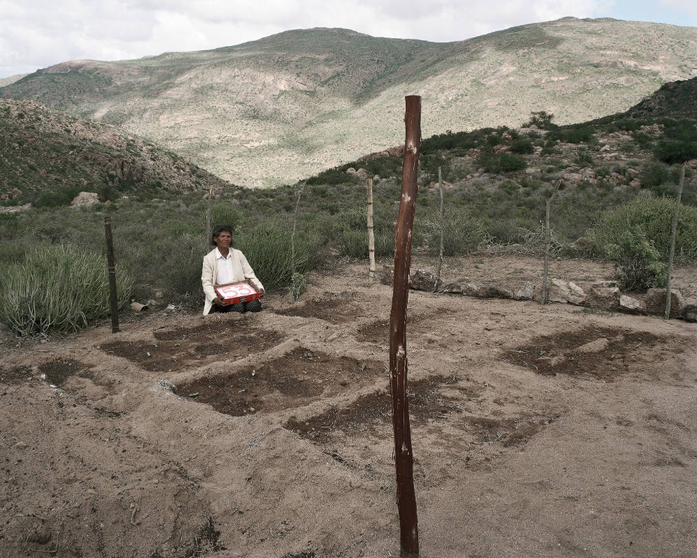 Anna Boois, Ziegenbäuerin, mit ihrem Geburtstagskuchen und Gemüsegarten, Kamiesberge, in der Nähe von Garies, Namaqualand, Nordkap