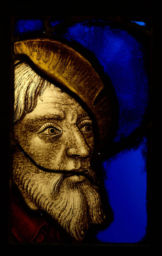 Stained glass pane with head of Joseph at the Adoration of the Magi