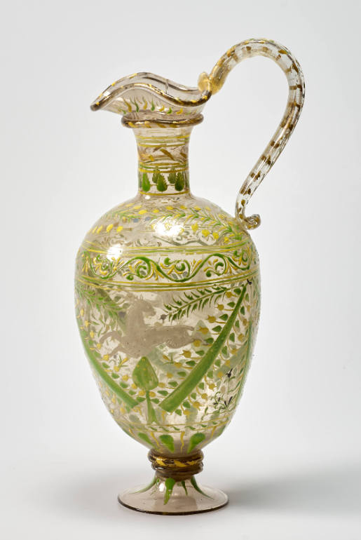 Glass ewer with enameled ibex and unicorn