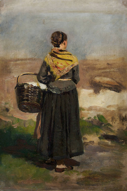 Eugène Dücker, Rückenfigur einer stehenden Frau in Landschaft (Studie), vor 1879, Kunstpalast, …