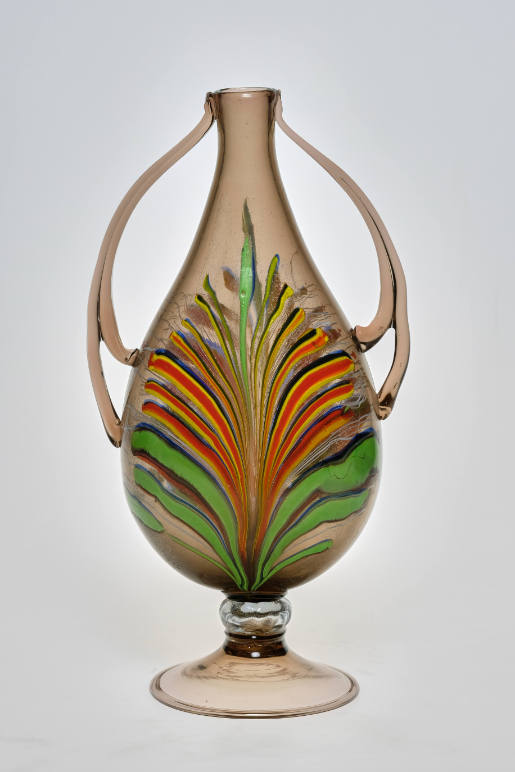 Footed vase with applied threads and handles