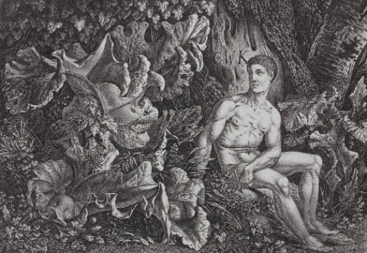 Seated Naked Youth in Large Herbs