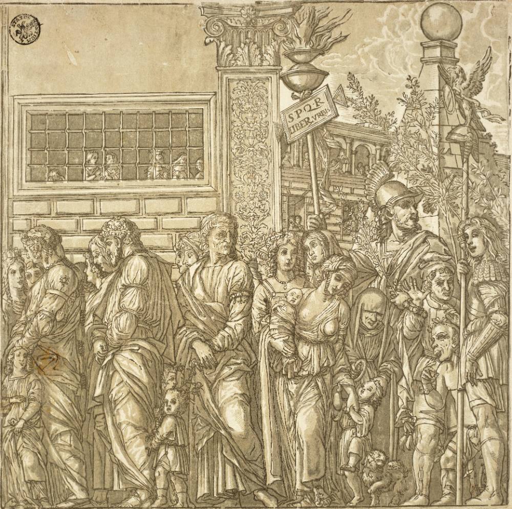 Der Triumph des Julius Cäsar 12 Blatt m. Text u. Säulen nach Andrea Mantegna