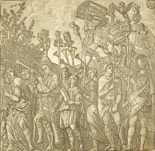 Der Triumph des Julius Cäsar 12 Blatt m. Text u. Säulen nach Andrea Mantegna