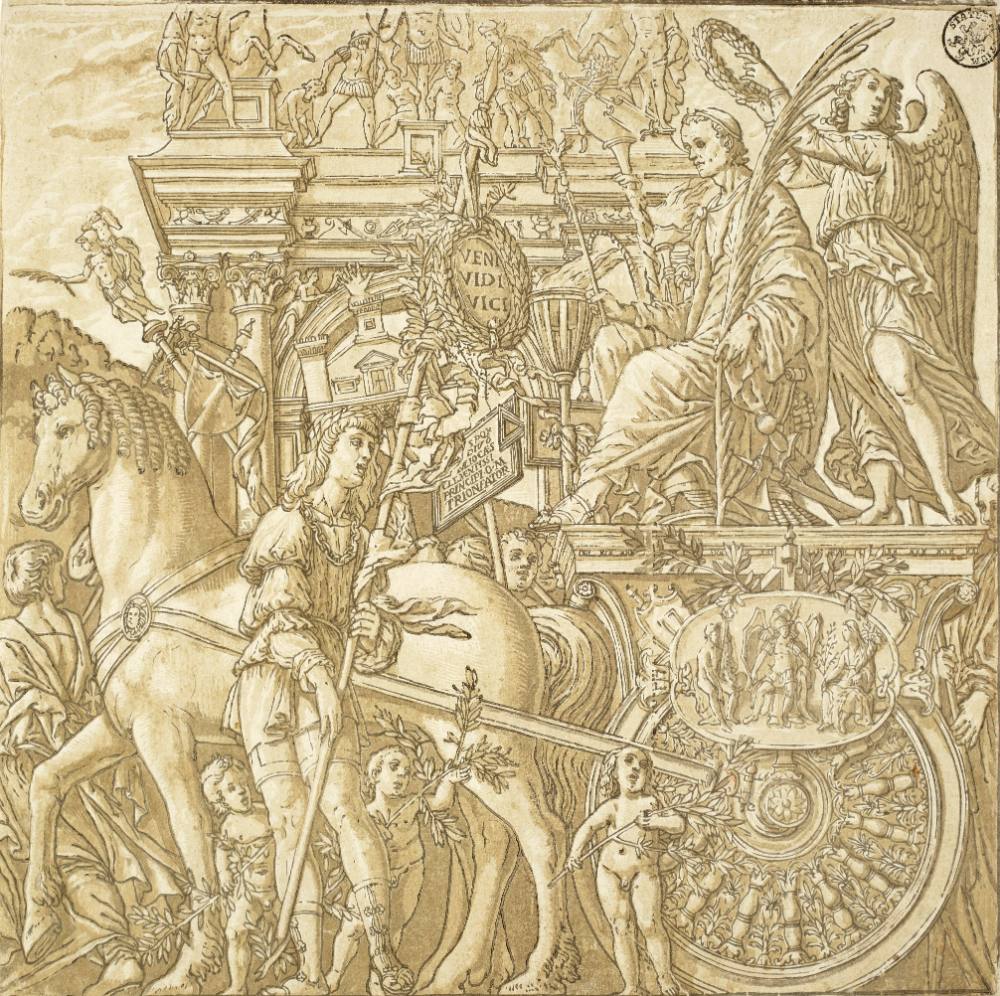 Der Triumph des Julius Cäsar 12 Blatt m. Text u. Säulen nach Andrea Mantegna