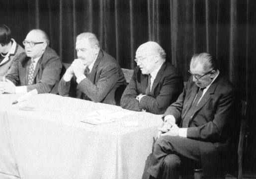 Panel Discussion on 24 January 1970 at the Düsseldorfer Schauspielhaus, during which Chris Reinecke stages her Chewing Gum Sculpture on Red Stage