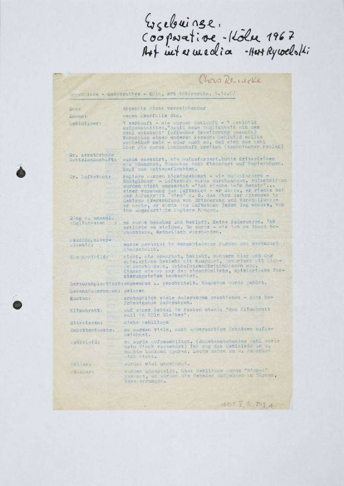 Ergebnisse – Cooperative – Köln, art intermedia, 5.10.67 (Blatt 1)