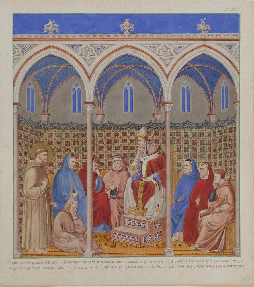 Der hl. Franziskus predigt vor dem Papst Honorius III. und den Kardinälen