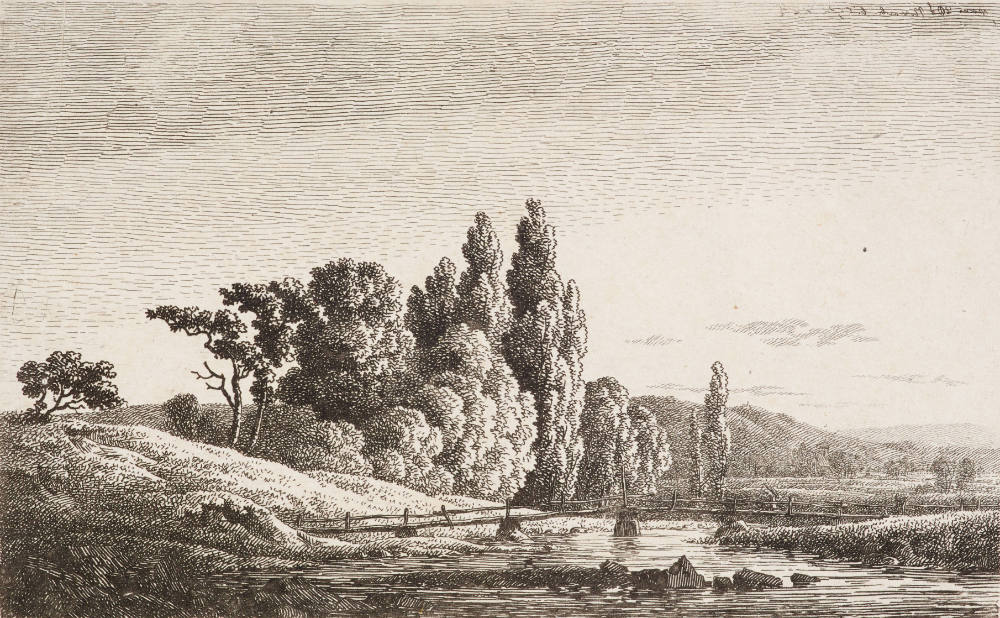 Steg mit Brückenkreuz vor Baumgruppe am Fluss